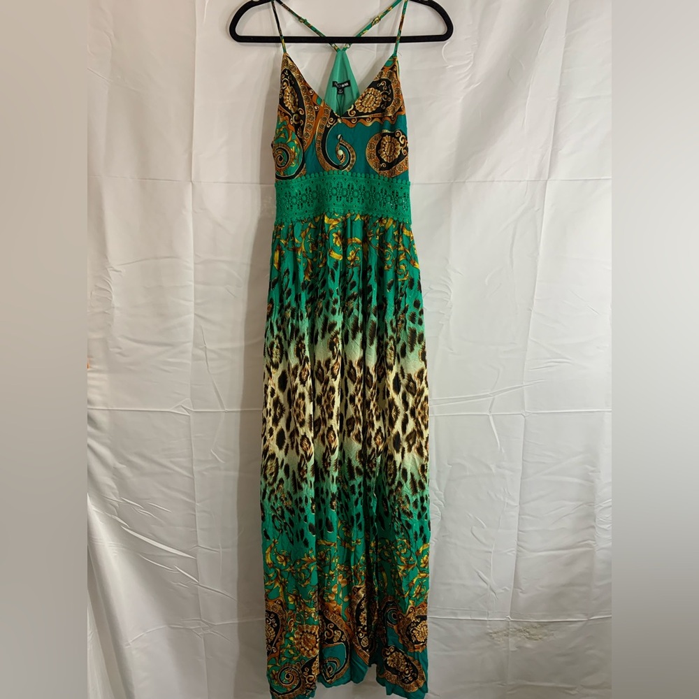 NWT Fashion Nova Holy Slit Spaghetti Strap Maxi Green Mixed Print Dress, size M - Picture 16 of 16